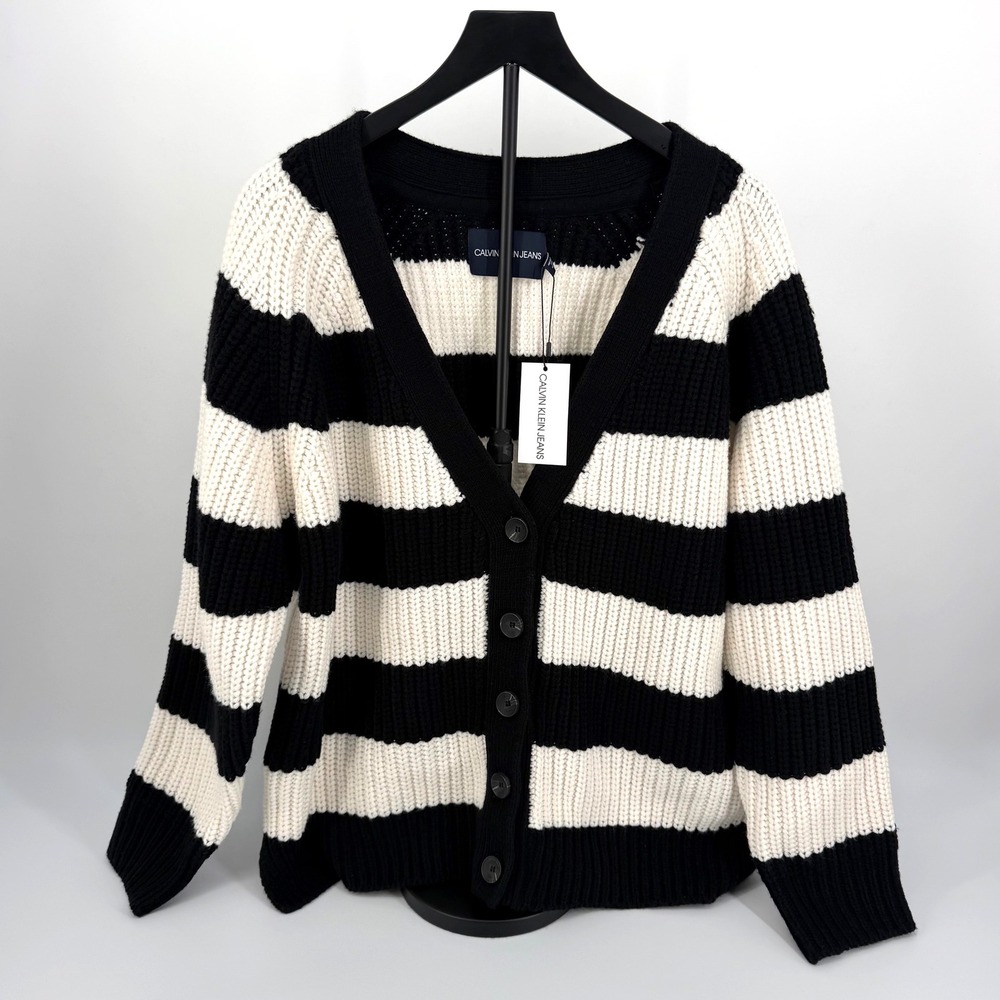 Calvin Klein Jeans Cardigan Women XL Black White NWT Striped Ribbed Knit V-Neck